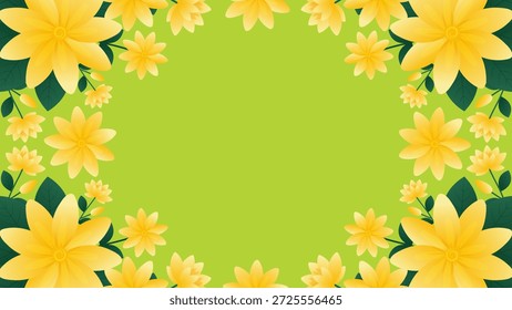 Fondo verde del marco floral de la primavera con las flores amarillas y el espacio rectangular de la copia para el Anuncio o la venta.