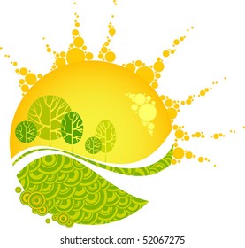 Green spring forest on a yellow sunset.