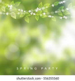 Green spring greeting card, invitation. Vector blurred background.