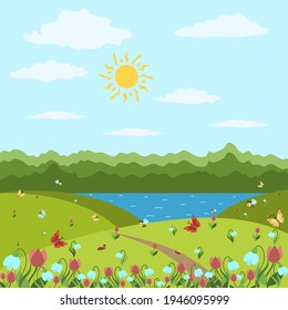 Green spring landscape with lake, road, flowers, butterflies, bees, ladybirds for your design. Vector illustration.