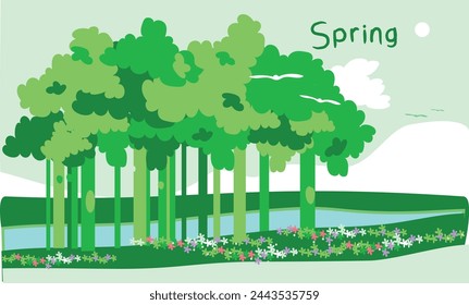 Green spring landscape with trees and river. Cover and banner