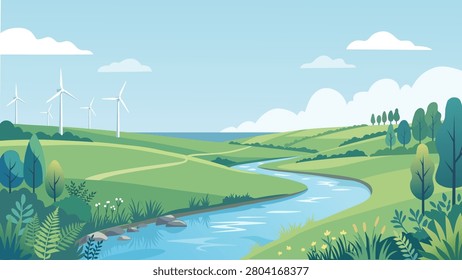 Green spring landscape vector with a winding river, rolling hills, trees, and wind turbines under a bright blue sky for green energy concepts.