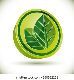 Green spring leaves 3d round vector icon.