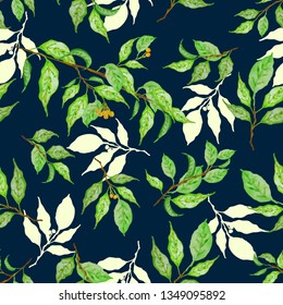 Green spring leaves. Botanical background, laurel, ficus, tea. Colorful seamless pattern. Theme design cover, invitation, booklet, printing.