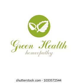 Green spring leaves vector graphic symbol for use in healthcare business. Vegetarian lifestyle conceptual logotype.