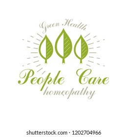 Green spring leaves vector symbol for use in holistic medicine, rehabilitation or pharmacology. Wellness and harmony symbolic emblem.