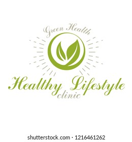 Green spring leaves vector symbol for use in medical and social theme advertisement. Raw food diet vector graphic conceptual logo, no gm theme.