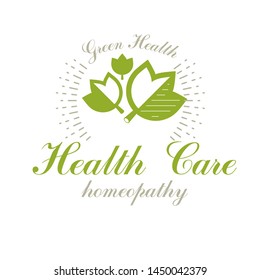 Green spring leaves vector symbol for use in medical and social theme advertisement. Raw food diet vector graphic conceptual logo, no gm theme.
