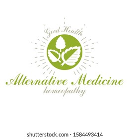 Green spring leaves vector symbol for use in medical and social theme advertisement. Raw food diet vector graphic conceptual logo, no gm theme.