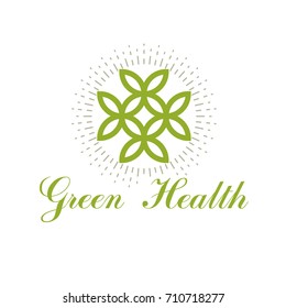 Green spring leaves vector symbol for use in medical and social theme advertisement. Wellness and harmony symbolic emblem. The flower of life.
