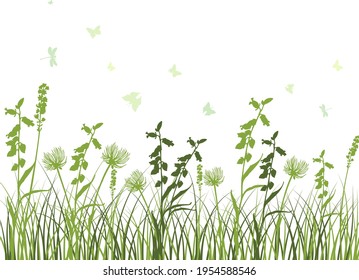 hierba verde de primavera. Plantas de color fresco, hierba de crecimiento estacional, elementos botánicos separados, hierbas. Cascos de césped natural, borde floral. Ilustración vectorial.