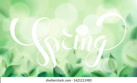 Green Spring nature background with blurred leaves and calligraphy vector illustration