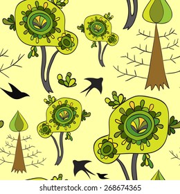 Green spring pattern with swallows and trees