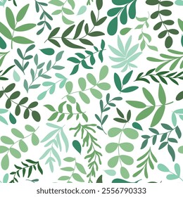 Green spring rustic seamless pattern with foliage. Hand drawn silhouette leafy background. Botanical natural herbs print for textile, packaging, fabric, design, vector graphic