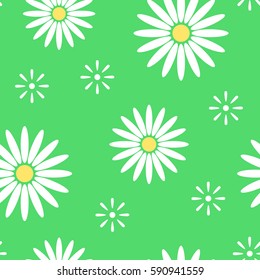 Green spring seamless pattern with light flowers camomile. Abstract floral background. Vector illustration.