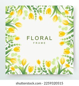 Green spring square frame with yellow tulips and leaves. Editable vector illustration for card, banner, invitation, social media post, poster, mobile apps, advertising