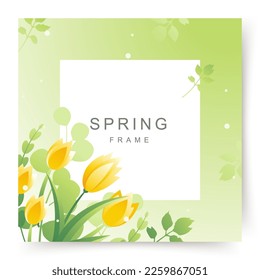 Green spring square frame with yellow tulips and leaves. Editable vector illustration for card, banner, invitation, social media post, poster, mobile apps, advertising