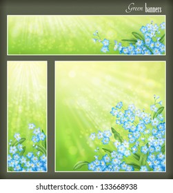 Green spring or summer banners set with blue flowers and blurred sun rays. Collection of square, horizontal and vertical floral banners with forget-me-not flowers, leaves, sunshine light effects