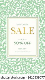 Green Spring Summer Foliage Silhouettes Sale Promotion Vertical Banner. Social Media Ads Graphics. Abstract Floral Print Background. Perfect For Fashion, Beauty Online Stores Campaigns