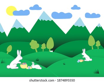 Green spring sunny lawns with bunnies, eggs, trees and mountain. Greeting card, background made in vector.	