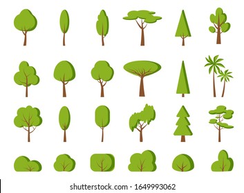 Green spring tree, bush flat cartoon icon set. Different shape simple forest, park, garden oak, birch, fir, palm, symbol. Summer season eco organic plant sign. Isolated on white vector illustration