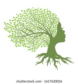 green spring tree with female face and roots on white background, vector