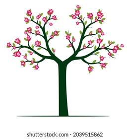 Green spring Tree with Leaves and flowers. Vector outline Illustration. Plant in Garden.