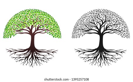 Green Spring Tree with Root. Vector Illustration. Plant in garden. Vector silhouette of a Tree. 