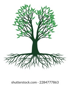 Green spring Tree with Roots. Vector Illustration.