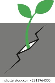 Green sprout breaking through a cracked wall. Resilience and growth symbol.