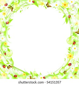 Green sprout bubbly summer or spring frame with flowers and butterflies, EPS10