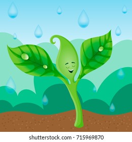 Green Sprout Character Under The Rain, Happy Cartoon Hand Drawn Vector Illustration With Background, EPS 10