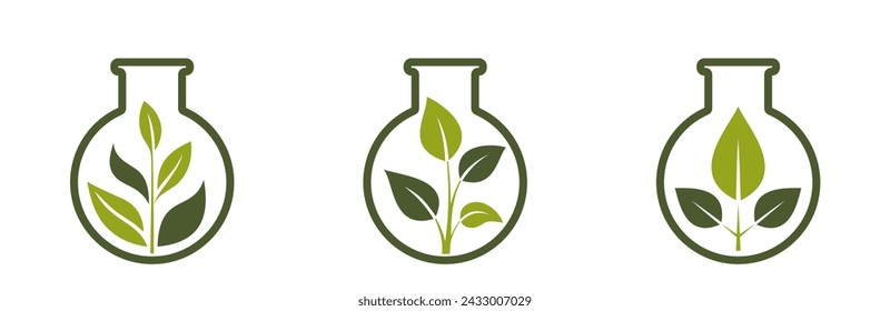 green sprout in flask icon set. eco friendly, organic and botanical symbols. isolated vector images in flat design