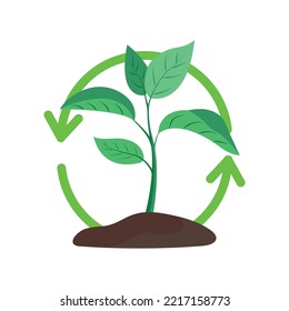 Green sprout grows from the ground. It symbolizes composting. Organic farming, environmental, healthy lifestyle, ecological, zero waste. Vector illustration on white background.