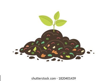 Green sprout growth from soil with worms and compost. Youn plant. Recycling, ecology and agriculture illustration. 