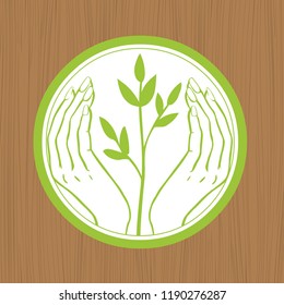 Green sprout in human hands. Round vector template