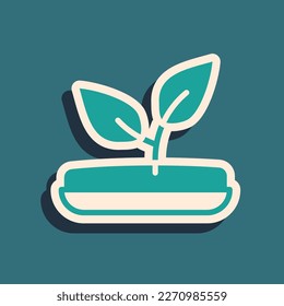 Icono de brote verde aislado en fondo verde. Semillas y plántulas. Deja la señal. Naturaleza foliar. Estilo de sombra larga. Vector