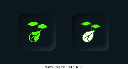 Green Sprout icon isolated on black background. Seed and seedling. Leaves sign. Leaf nature. Black square button. Vector