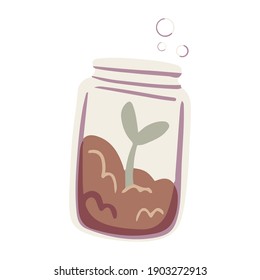Green sprout in a jar with soil vector. Flower seedling, spring season. Mini sustainable garden in a bottle illustration. Greenhouse. Plant Terrarium clip art