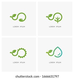 Green sprout logo set. Seed, tree, gear wheel, drop of water and plant or shoot with leaves symbol - new life in nature, ecology and environment, alternative energy, agriculture and agronomy icons.