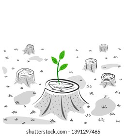 Green sprout on the stump - caring for nature concept, environmental conservation, new life