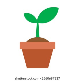 Green sprout plant growing in pot with leaves flat icon vector  illustration isolated on white background. Gardening, new life, ecology and nature concept. Young plant and seedling silhouette. EPS 10