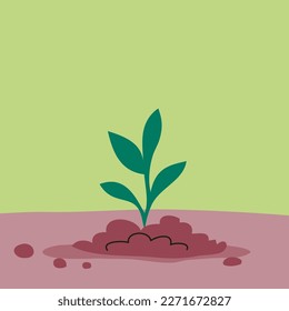 Green sprout of a plant. Young seedling in the ground. Ecology symbol. Springtime. Gardening outdoors. Caring for nature and ecology. Flat vector illustration