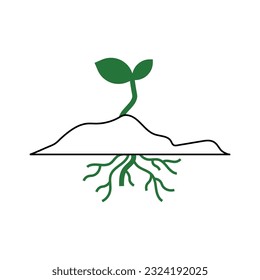 Green sprout with roots. Ecology concept. Vector illustration on white background.