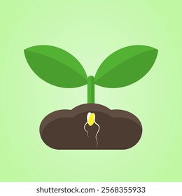 Green sprout and seed in the soil are isolated on a green background. Flat design. Colored icon, vector illustration.