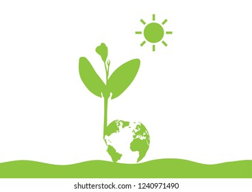 Green sprout seedling with globe growing from ground on white background, environmental concept vector illustration      
