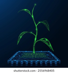 Green sprout of the tree grows from the CPU. Polygonal design of interconnected lines and dots. Blue background.