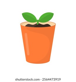 Green sprout with two leaves in a flower pot. Isolated on a white background, flat design. Colored icon, spring vector illustration. Garden and indoor plant. 