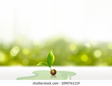 Green sprout with waters on white wooden table in 3d illustration, glitter bokeh background