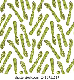 Green sprouts of asparagus seamless pattern in flat style. Vegetable design for product packaging and menu of restaurant. Vector illustration on a white background.